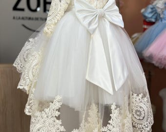 Beige Lace Christening Gown, Baby Girl Baptism Dress, Train Detail. Christening gowns. Baptism robes. 1st birthday.