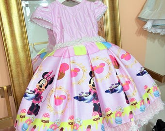 Vestido de Minnie Mouse, disfraz elegante de Minnie, sesión de fotos de Minnie Mouse, vestido de Minnie para cumpleaños, vestido de Minnie con brillo, vestido rosa de Minnie.