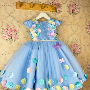 Sky Blue Birthday Flower Dress Baby Party Ball Gown First Birthday Dress for Little Girls, Wedding Pearls Dress, Blue Special Occasion Dress