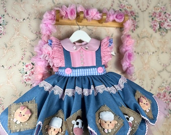 Baby Farm Dress, Handmade Animal Applique Birthday Outfit