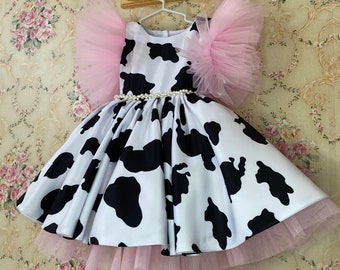 Vestido de cumpleaños con estampado de vaca, atuendo para fiesta en la granja