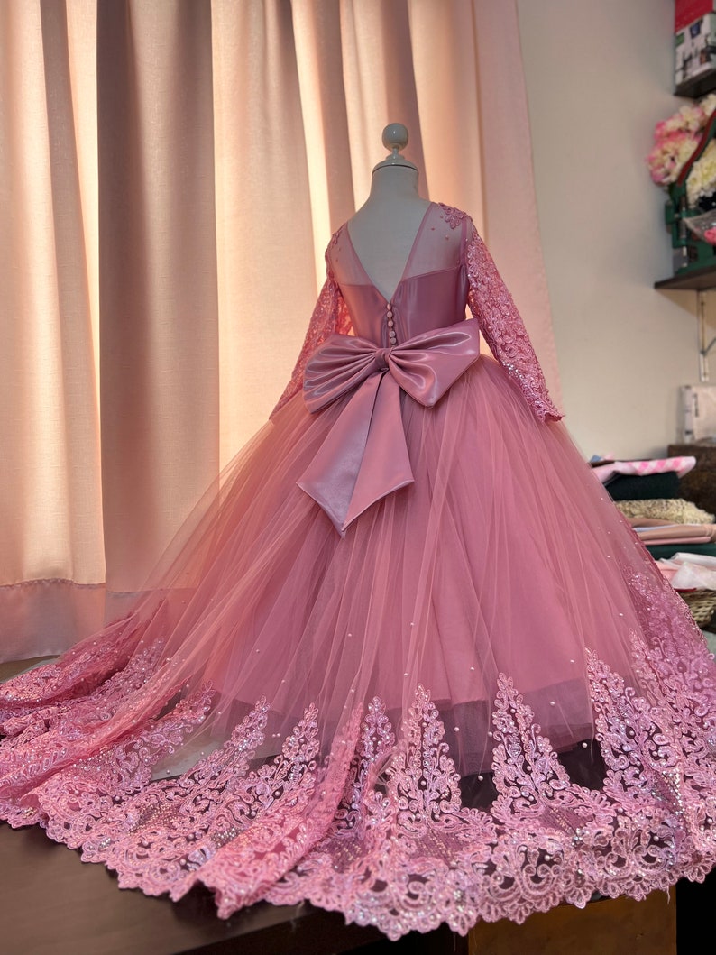 May include: A pink tulle dress with long sleeves and a lace trim. The dress has a large satin bow at the back.