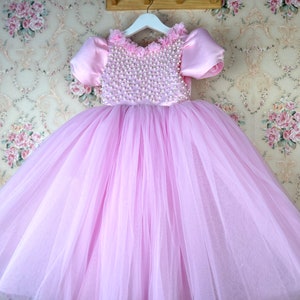 Pink girl dress, Dresses for girls, birthday dress, personalized girl dress, baby pink puffy dress, 1st birthday dress, Girls Pearl Dress
