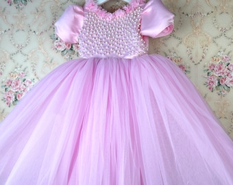 Pink girl dress, Dresses for girls, birthday dress, personalized girl dress, baby pink puffy dress, 1st birthday dress, Girls Pearl Dress