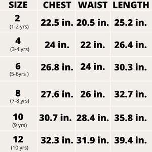 May include: A chart showing children's clothing sizes with corresponding chest, waist, and length measurements in inches. The sizes range from 2 to 12, with corresponding age ranges listed in parentheses.