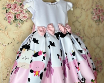 Vestido de vaquera, vaquera, vaca. Vestido de granja, atuendo de cumpleaños de vaca, animales de granja, vestidos para niñas, vestido de cumpleaños para fiesta de granja para niñas.