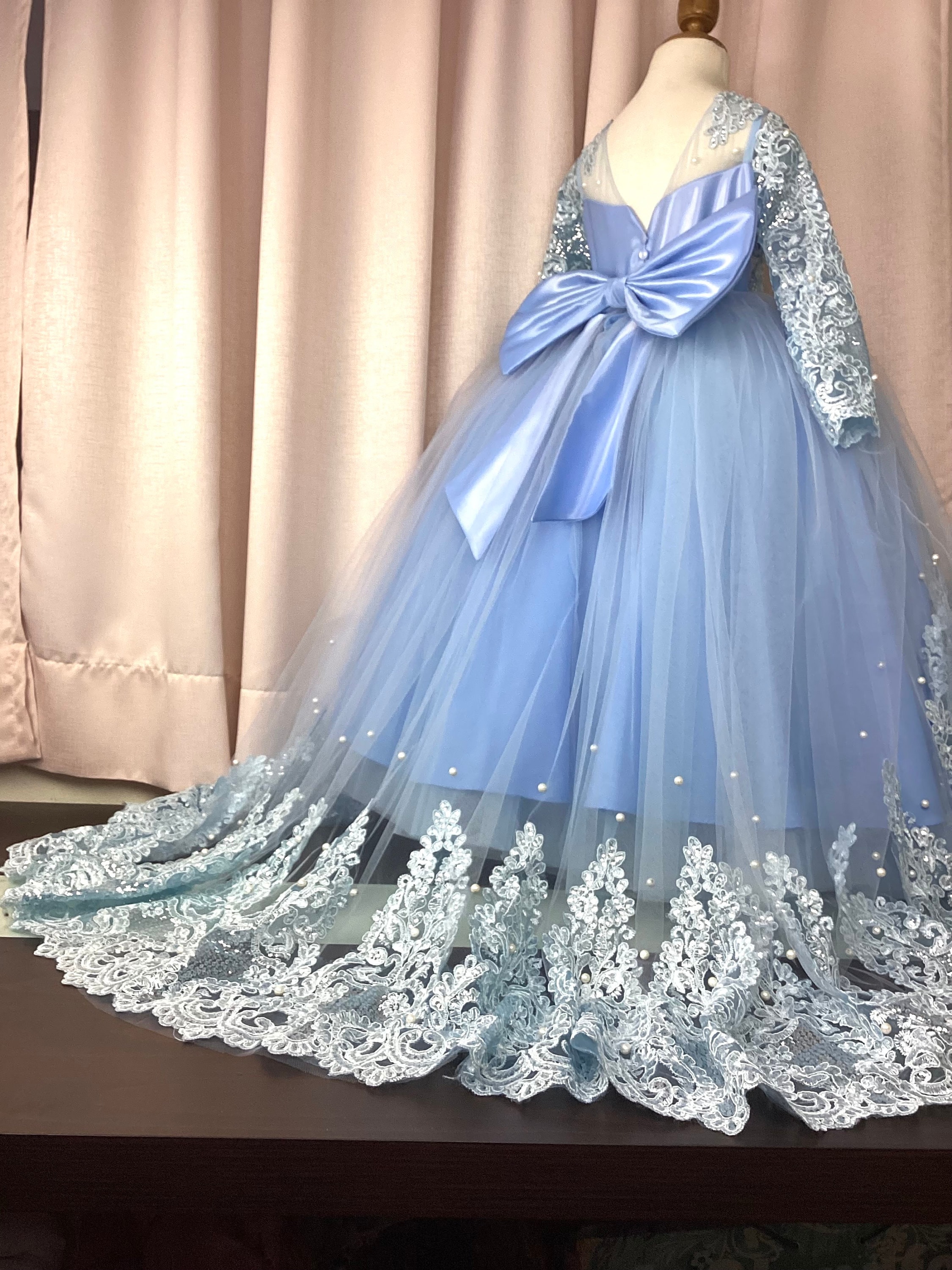 Blue Cinderella Inspired Girls Dress, Lace, Removable Train