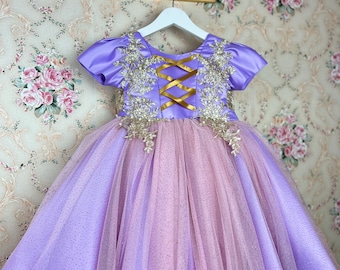 Golden braid princess dress, dress, beautiful dress for birthday girls, parties or photo shoots. Free shipping, Elegant pink purple dress,