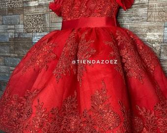 Red lace girl's dress. Elegant red girl's dress. red dress with red lace, Red girl's clothing, bright red baby girl dress, red girl