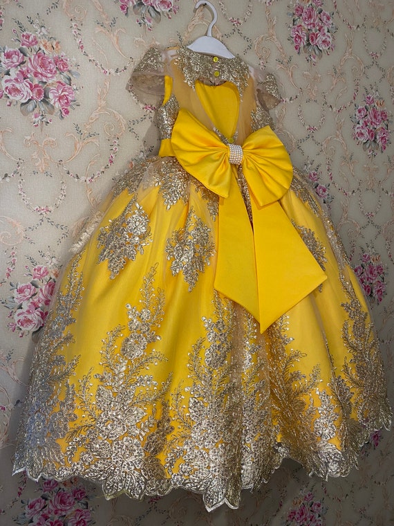 Yellow Girl Dress With Gold Lace, Yellow Princess Dress, Yellow Lace  Princess Dress, Baby Party Dress. 1st Birthday Girl Dress, Yellow Gold -  Etsy Hong Kong