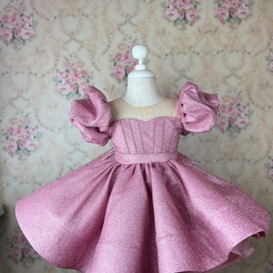 Sparkly Puff Sleeve Flower Girl Dress, Glitter Wedding Baby Girl Gown Ages 1-7