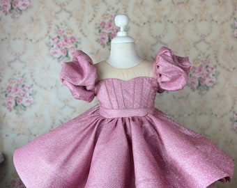Sparkly Puff Sleeve Flower Girl Dress, Glitter Wedding Baby Girl Gown Ages 1-7