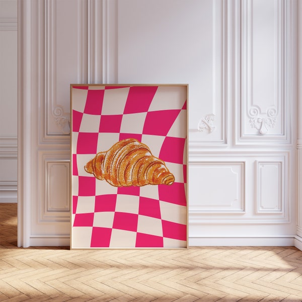 Pink Croissant Poster, Französisches Essen Plakat, Trendige Wohnkultur Schachbrett, Küche Wand Kunst, moderne Esszimmer Dekoration, Druckbar