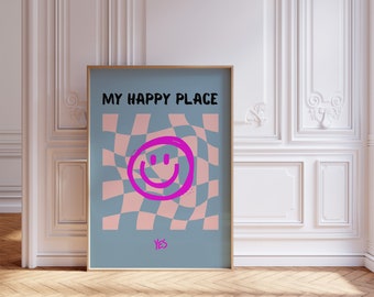 My happy place damier Illustration, Good vibes Maximalist Poster, Colorful Funky Art, Instant Download, Printable Art