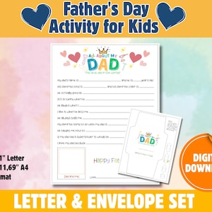 Todo sobre mi papá | Carta y sobre imprimibles para el Día del Padre / Carta para rellenar con espacios en blanco para niños / Regalo DIY / Carta y sobre A4