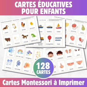 128 Cartes de Vocabulaire à Imprimer pour Enfants | Animaux, Nourriture, Corps, Véhicules, Météo | Méthode Montessori | A4 |