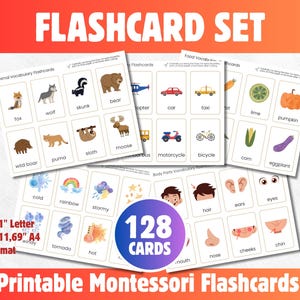 128 fiches de vocabulaire imprimables pour enfants | Animaux, nourriture, parties du corps, véhicules et météo | Apprentissage Montessori | Lettre US et A4 |