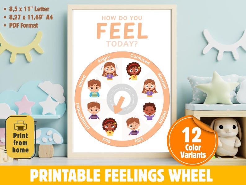Printable Feelings Wheel for Kids | Emotion Chart in 12 Colors ...