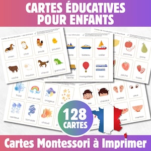 128 Cartes de Vocabulaire à Imprimer pour Enfants | Animaux, Nourriture, Corps, Véhicules, Météo | Méthode Montessori | A4 |