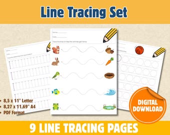 Line Tracing Worksheets for Kids - 9 Pre-Writing Practice Pages - Fine Motor Skills - Printable PDF - A4 & US Letter - Preschool Activity