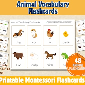 Montessori Tiervokabeln für Kinder - 48 druckbare Karten in A4 & US Letter - ESL-Aktivität PDF - Lernspiel für Vorschulkinder