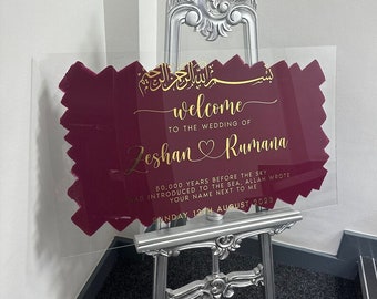 Segno di benvenuto per matrimonio in acrilico trasparente dipinto, calligrafia araba personalizzata, segno Nikkah, segno di fidanzamento, segno musulmano, segno di matrimonio islamico