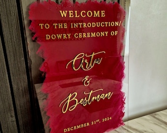 Letrero de bienvenida para boda pintado en acrílico transparente de color rojo, dorado 3D, caligrafía árabe, letrero Nikkah, letrero de boda islámico, letrero de bienvenida para boda musulmana