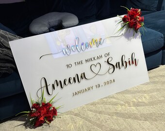 Signo de bienvenida de boda acrílico, caligrafía árabe personalizada, signo Nikkah, signo de compromiso, acrílico 3D, signo de boda islámico, arte islámico