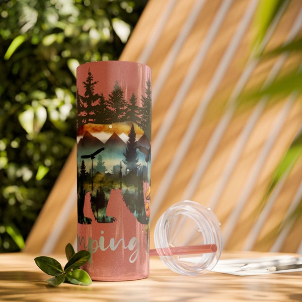 cute bear camping tumbler, unique camping tumbler, tumbler for outdoor hobbies and activities, beautiful gift idea, nature lover gift idea