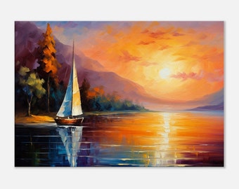 Gemälde Druck auf Leinwand See mit Segelboot, Landschaft, Berg Sonnenuntergangs Gemälde