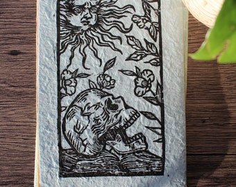 Linocut Print; Skull, Sun and Book Print; Tattoo Style Linocut Print; Woodcut Art Print