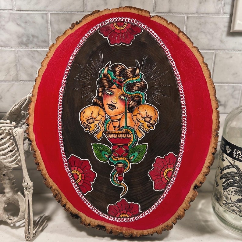 Traditional Tattoo Lady Head and Skull Woodburning Wall Art Tradtional
