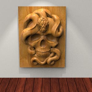 Skull and Snake 3D STL Model for CNC Router, Artcam, Vetric, Engraver, Relief, Carving, Cut 3D,  Stl File For Cnc Router, Wall Decor