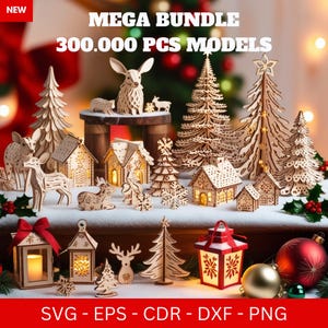 May include: A collection of 300,000 laser cut Christmas ornaments and decorations. The ornaments are made of wood and feature a variety of designs, including trees, houses, snowflakes, and animals. The ornaments are arranged on a white surface with a red ribbon and a red and white lantern. The text "MEGA BUNDLE 300.000 PCS MODELS" is displayed at the top of the image. The text "SVG - EPS - CDR - DXF - PNG" is displayed at the bottom of the image.