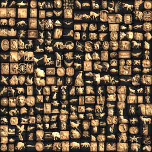 May include: A large collection of detailed, intricately carved wooden animal and nature-themed designs. The carvings are in a light brown color and are arranged in a grid pattern.