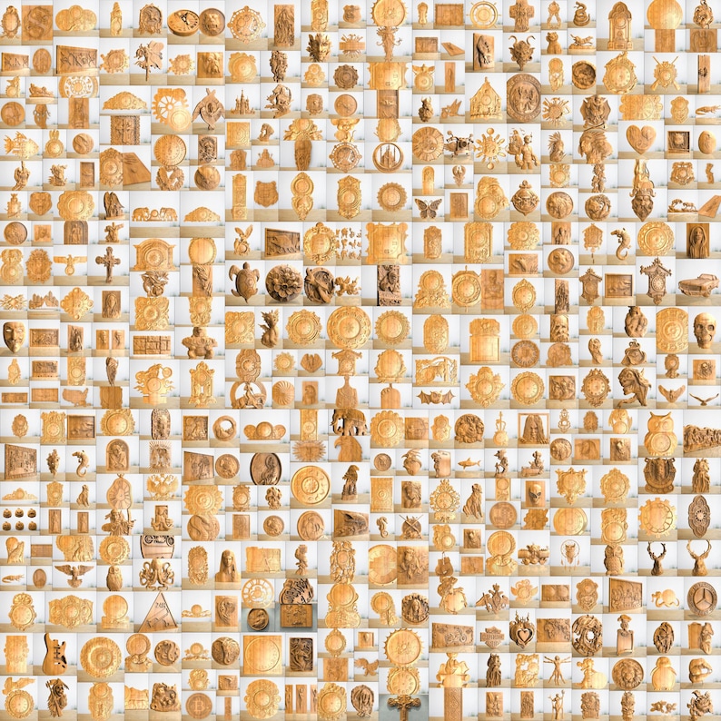 May include: A collection of intricately carved wooden objects, including plaques, medallions, and figurines. The carvings feature various designs, such as animals, floral patterns, and geometric shapes. The objects are displayed on a white background, showcasing the detailed craftsmanship.