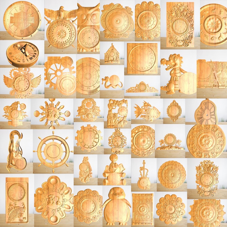 May include: A collection of 36 different wooden clock face designs. The designs feature various styles, including traditional, modern, and whimsical. Some designs include animals, gears, and other decorative elements.