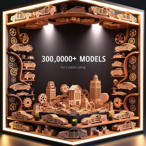 Puede incluir: Un estante de madera con una variedad de modelos de coches y edificios de madera. El estante está iluminado con focos y tiene el texto "300.000+ MODELOS" y "Para Listado Personalizado" en la parte delantera.