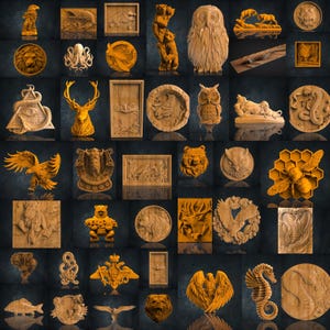 May include: A collection of 36 intricately carved wooden wall decor pieces featuring various animal, nature, and abstract designs. The pieces are all in a warm brown color and have a rustic, handcrafted look.