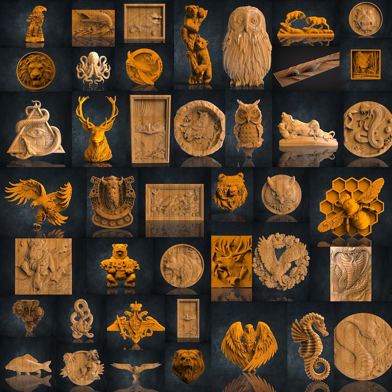 May include: A collection of 36 intricately carved wooden wall decor pieces featuring various animal, nature, and abstract designs. The pieces are all in a warm brown color and have a rustic, handcrafted look.