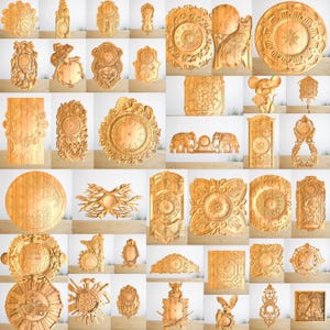 May include: A collection of 25 intricate wooden clock face designs. The designs feature various styles, including floral, geometric, and animal motifs. The clock faces are all carved in a light wood and have a warm, natural finish.