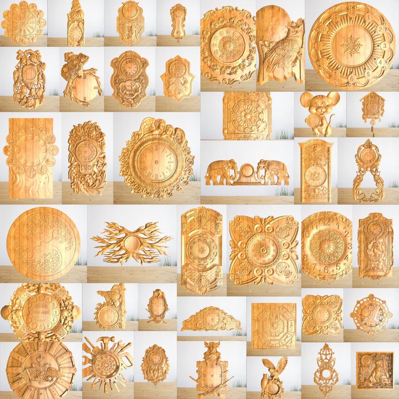 May include: A collection of 25 intricate wooden clock face designs. The designs feature various styles, including floral, geometric, and animal motifs. The clock faces are all carved in a light wood and have a warm, natural finish.