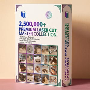 May include: A white box with the text "2,500,000+ PREMIUM LASER CUT MASTER COLLECTION" and "2.5 MILLION+ MASTER DESIGN LASER FILES COLLECTION". The box features a grid of laser-cut designs, including clocks, cars, and decorative items.