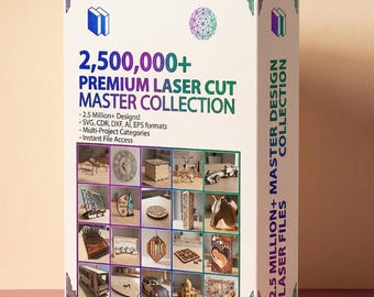 Könnte beinhalten: Eine weiße Box mit dem Text "2,500,000+ PREMIUM LASER CUT MASTER COLLECTION" und "2.5 MILLION+ MASTER DESIGN LASER FILES COLLECTION". Die Box zeigt eine Auswahl an Laser-Cut-Designs, darunter Uhren, Autos und dekorative Objekte.