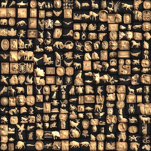 May include: A large collection of detailed, intricately carved wooden animal and nature-themed designs. The carvings are in a light brown color and are arranged in a grid pattern.
