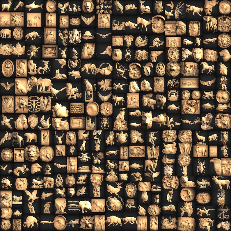 May include: A large collection of detailed, intricately carved wooden animal and nature-themed designs. The carvings are in a light brown color and are arranged in a grid pattern.