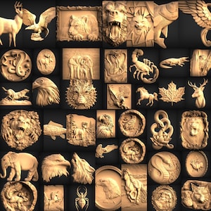 May include: A collection of 3D carved wooden animal and nature designs. The designs include a deer, eagle, bear, wolf, lion, snake, scorpion, fish, elephant, spider, and more.