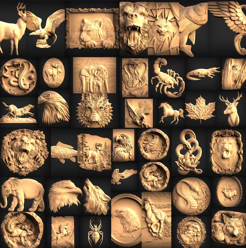 May include: A collection of 3D carved wooden animal and nature designs. The designs include a deer, eagle, bear, wolf, lion, snake, scorpion, fish, elephant, spider, and more.