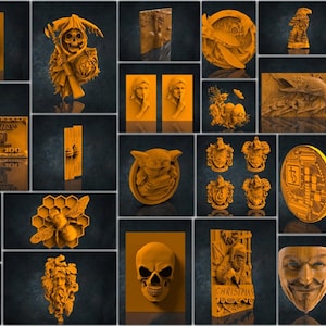 May include: A collection of intricately carved wooden panels featuring various designs. The panels depict a bear, Grim Reaper, portraits, a fish, a bee, a skull, and other figures. The carvings are in shades of brown and gold, showcasing detailed craftsmanship.