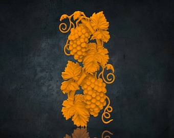 Pode incluir: Um design impresso em 3D de uma videira com folhas e uvas. O design é de cor laranja brilhante e é colocado sobre um fundo cinza escuro.